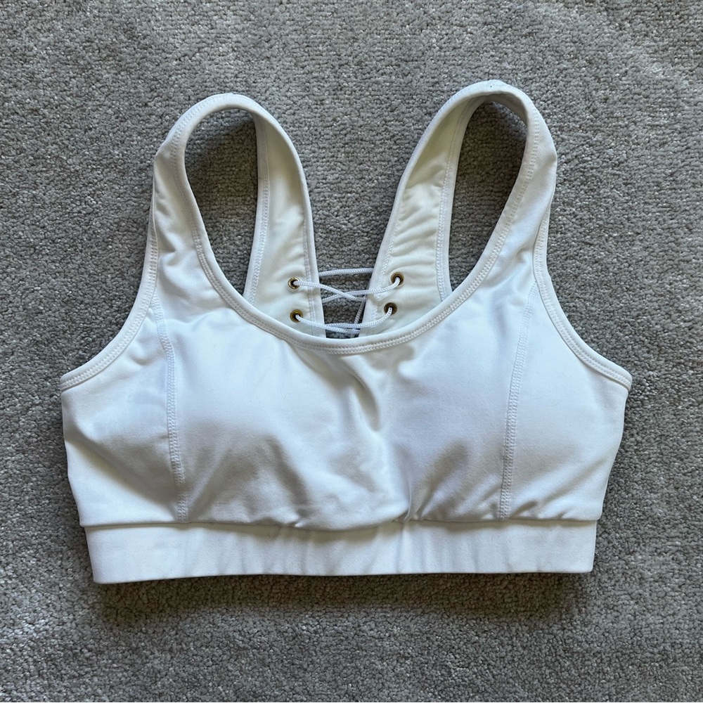 PRJON ATHLEISURE WHITE LACE UP BACK SPORTS BRA SIZE MEDIUM GYM ATHLETIC - Picture 2 of 7